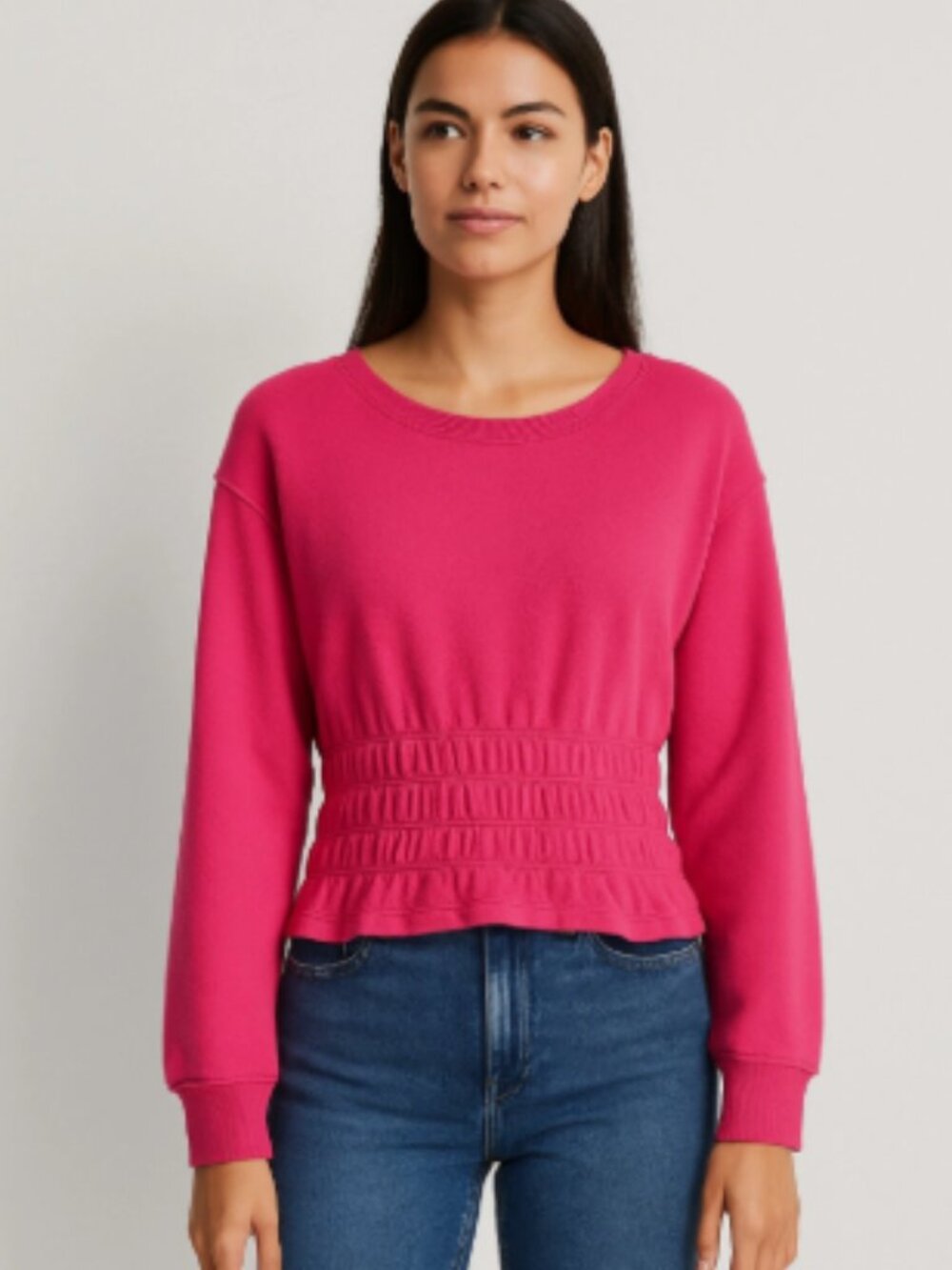Maeve by Anthropologie Pink Textured Smocked Waist Cropped Sweatshirt Size Small